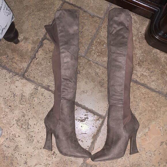 Taupe Suede Over Knee Boots - Picture 2 of 6